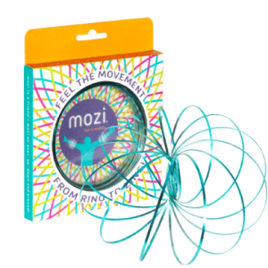 An orange and rainbow-patterned product box labeled 'Mozi' next to an expanded, metallic turquoise geometric arm slinky ring toy that forms a spherical, multi-layered wire design.