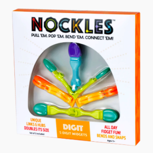 A white product box with orange edges labeled 'NOCKLES DIGIT' displaying five colorful, jointed plastic widgets in shades of green, orange, teal, and purple arranged in a fan pattern through a clear display window.