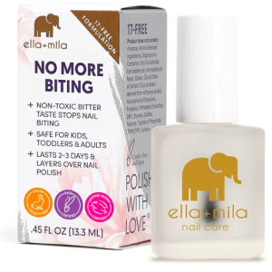 A box and clear bottle of ella+mila "No More Biting" nail care treatment featuring a gold elephant logo. The packaging highlights that it is a non-toxic bitter taste formula safe for kids, toddlers, and adults.